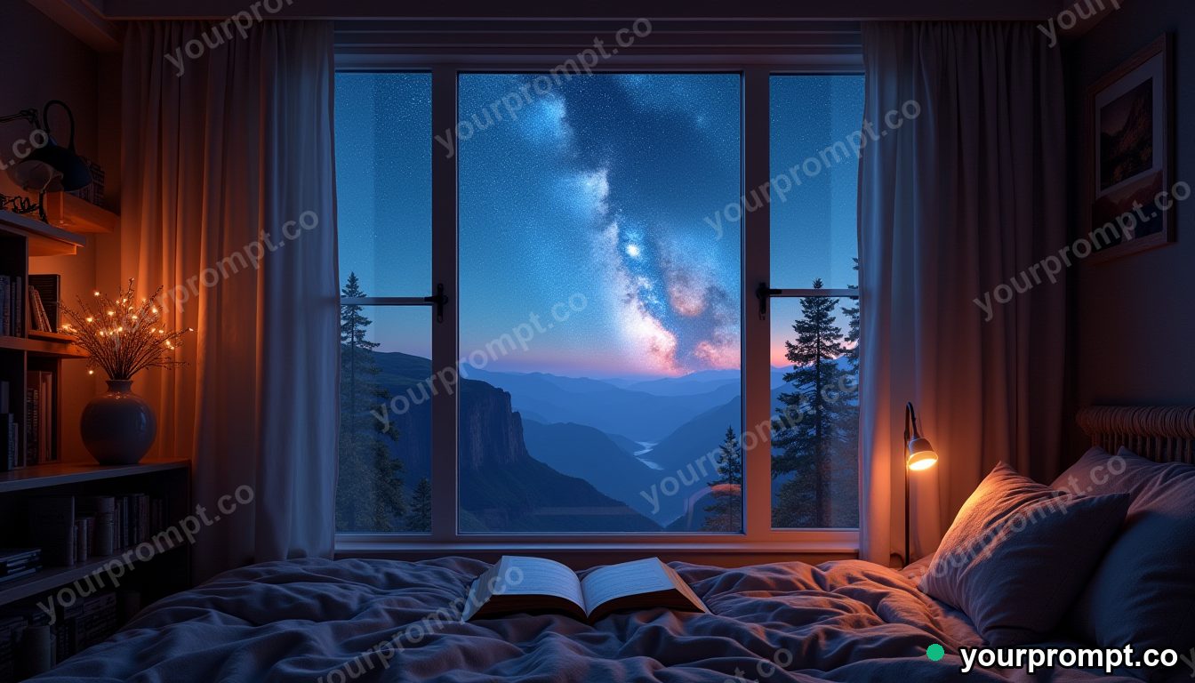 A warm reading nook with a window framing a galaxy-filled canyon at night in matte concept painting style — AI-generated image from a text prompt