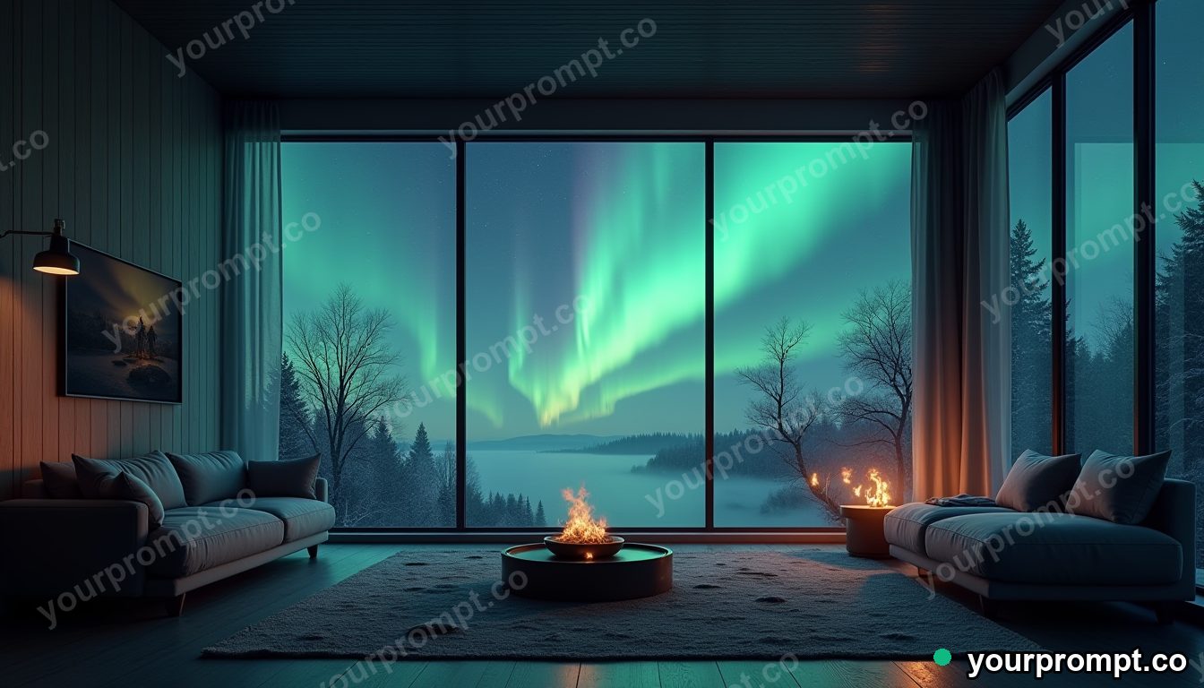 A Scandinavian living room with tall windows framing dancing northern lights in epic fantasy concept art style — AI-generated image from a text prompt