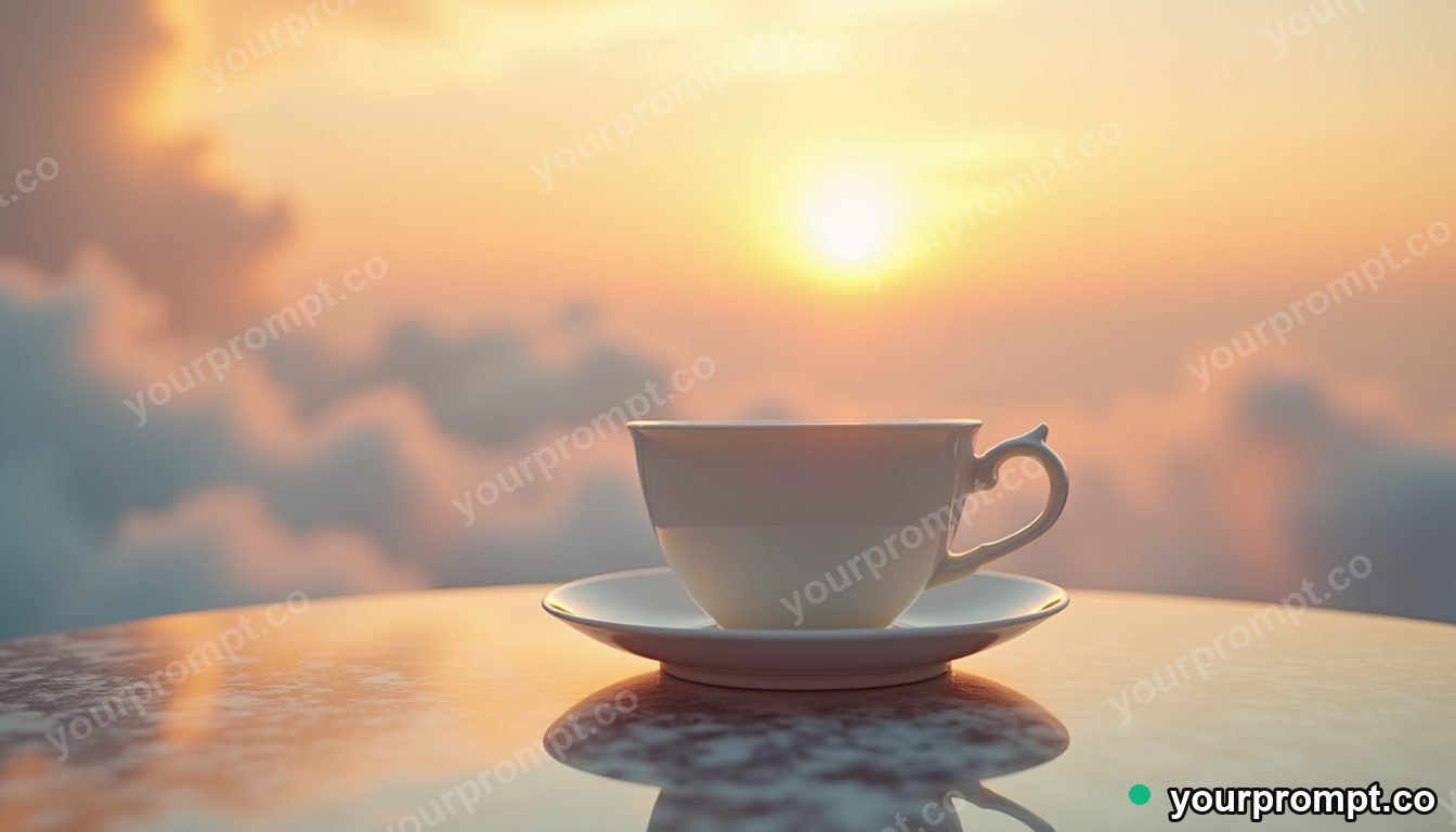 A porcelain tea set on a table floating among soft glowing clouds at golden hour in extreme macro photograph style — AI-generated image from a text prompt