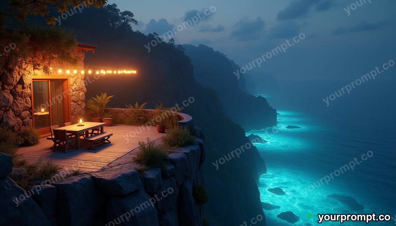 A string-lit patio on a cliff edge overlooking a glowing bioluminescent ocean in hyperrealistic 3D render style — AI-generated image from a text prompt