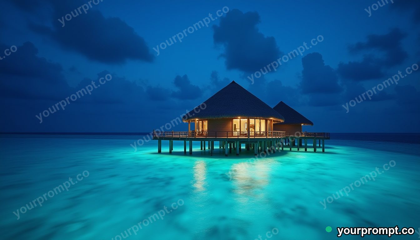 An overwater bungalow glowing above a luminous bioluminescent lagoon at night in dreamy pastel style — AI-generated image from a text prompt