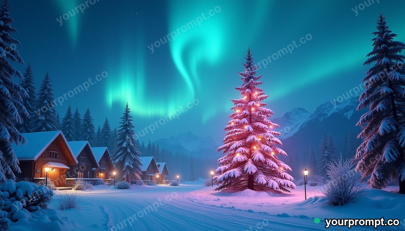 A snowy village square with an aurora swirling above a glowing tree in photorealistic style — AI-generated image from a text prompt