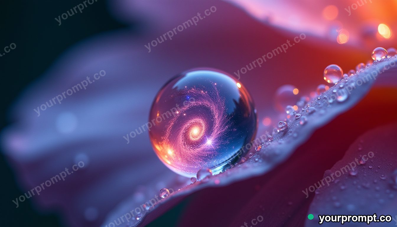 A dewdrop on a petal with a tiny swirling galaxy inside it, extreme macro in extreme macro photograph style — AI-generated image from a text prompt