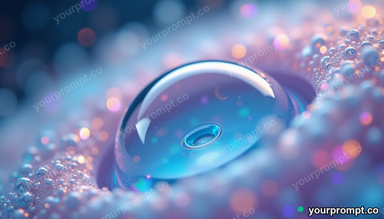 Iridescent soap-bubble film swirling like a miniature nebula, extreme macro in extreme macro photograph style — AI-generated image from a text prompt