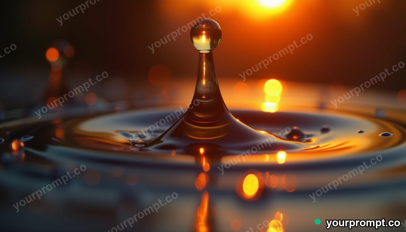 A honey drop stretching with a tiny sunset glowing through it, extreme macro in extreme macro photograph style — AI-generated image from a text prompt