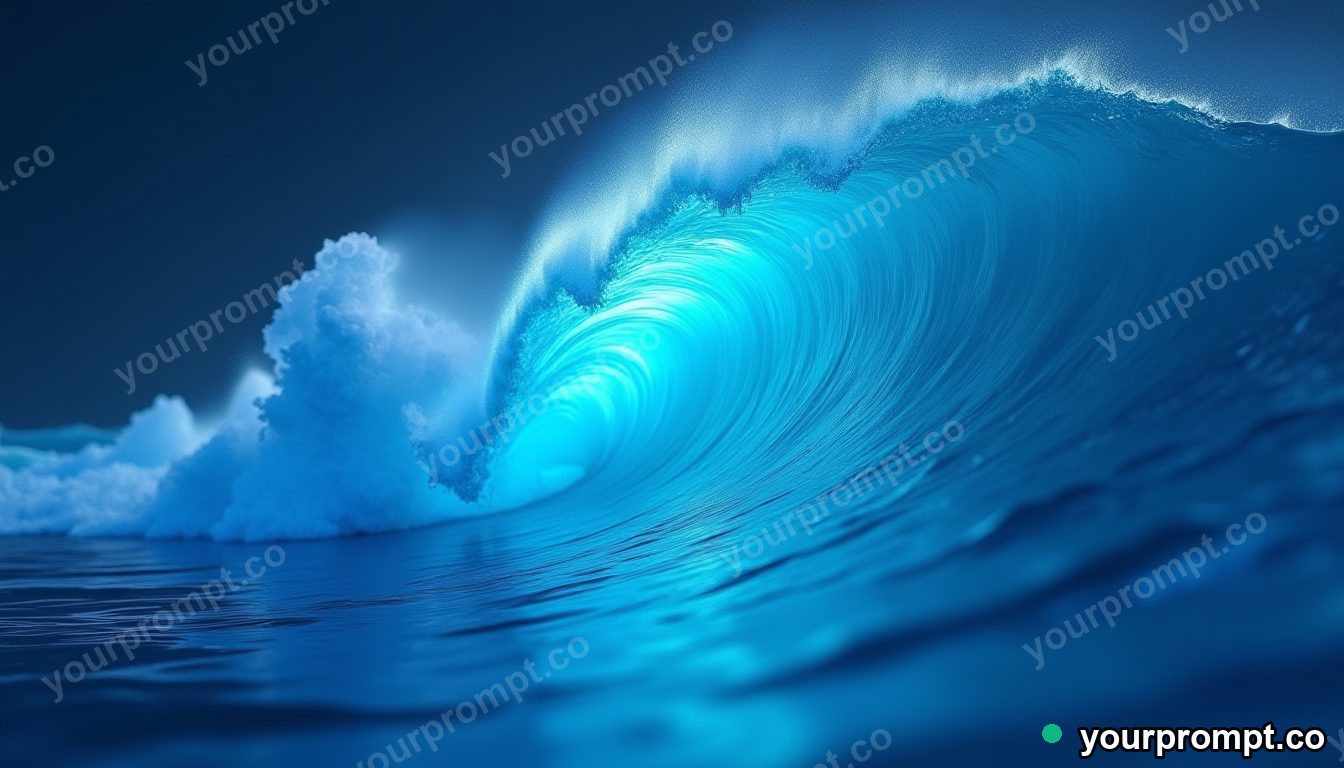 A towering ocean wave frozen mid-curl, glowing with bioluminescent light at night in hyperrealistic 3D render style — AI-generated image from a text prompt