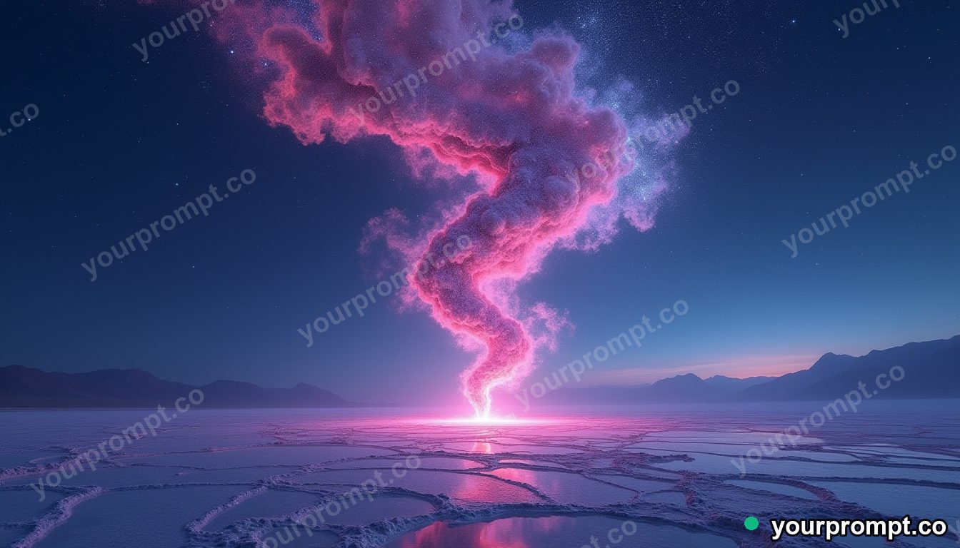A tornado made of swirling stars and galaxy dust over a dark salt flat in dreamy pastel style — AI-generated image from a text prompt
