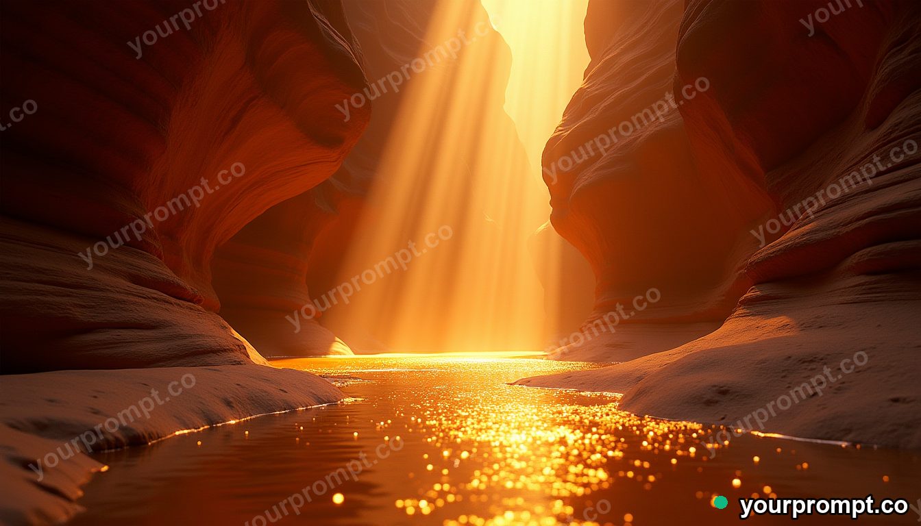 A slot canyon where the light beams turn into cascading liquid gold in photorealistic style — AI-generated image from a text prompt