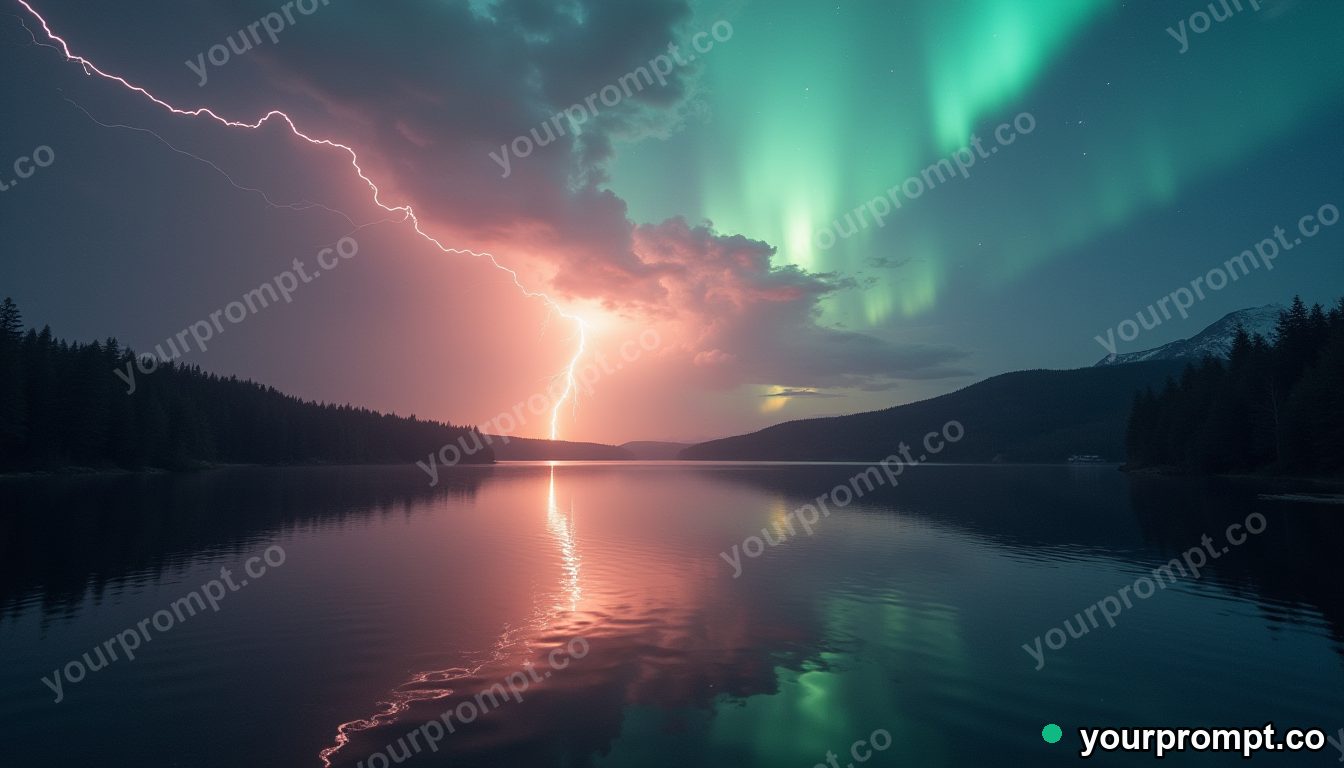 Lightning splitting a sky filled with auroras above a glassy mirror lake in golden-hour photography style — AI-generated image from a text prompt