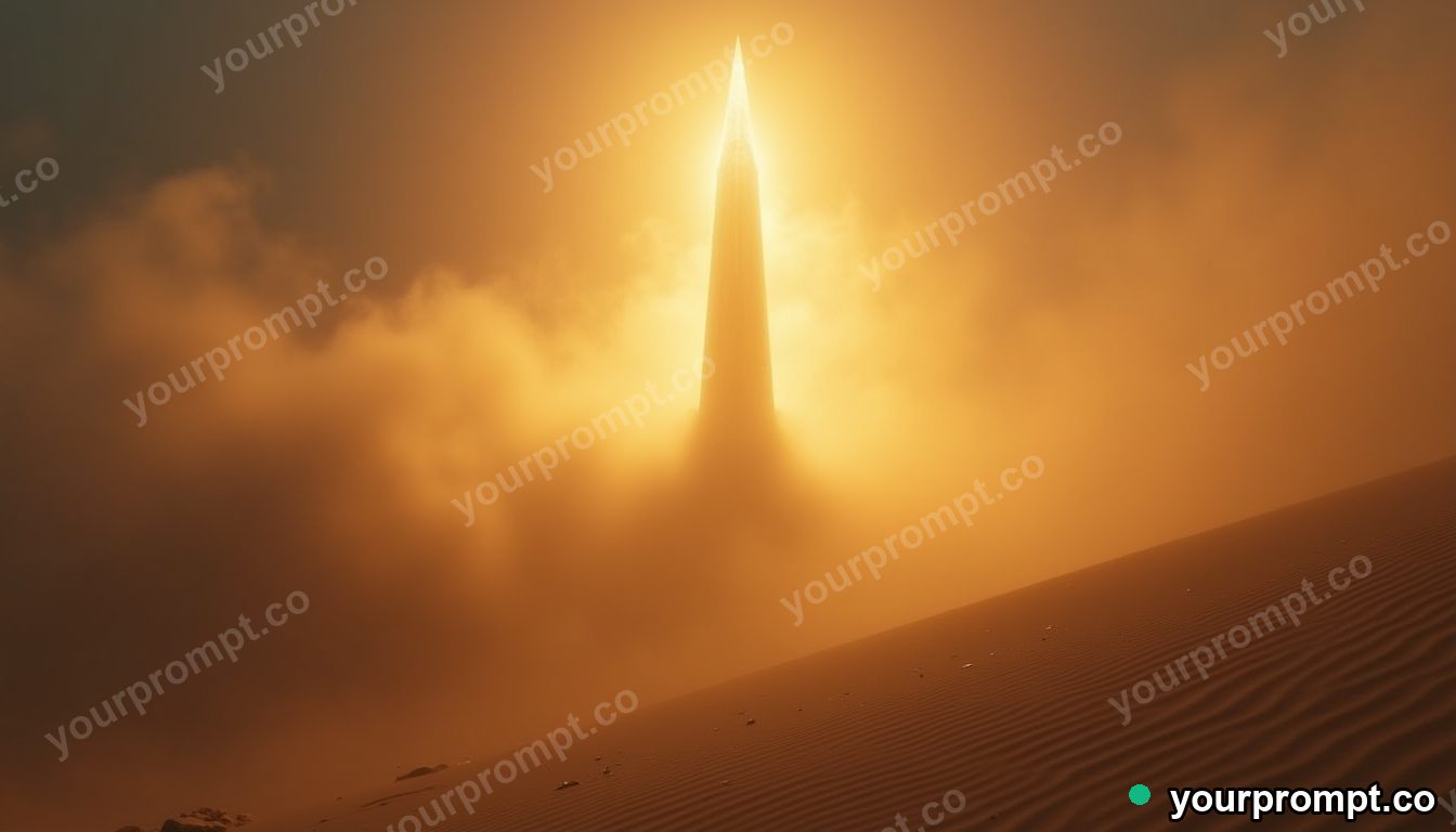 A glowing golden sandstorm rolling toward a distant crystal spire in ethereal long-exposure style — AI-generated image from a text prompt
