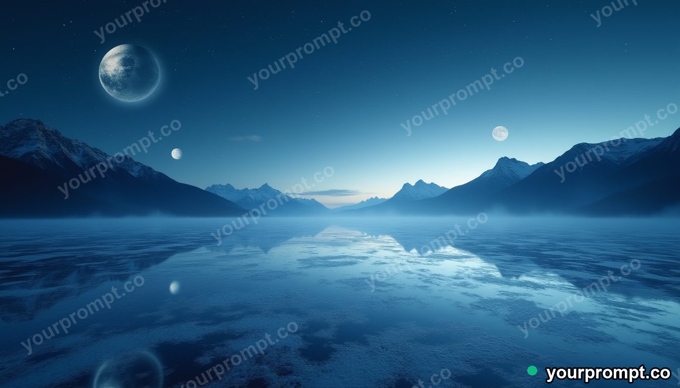 A frozen lake reflecting a sky of two moons and falling stars in cinematic film still style — AI-generated image from a text prompt