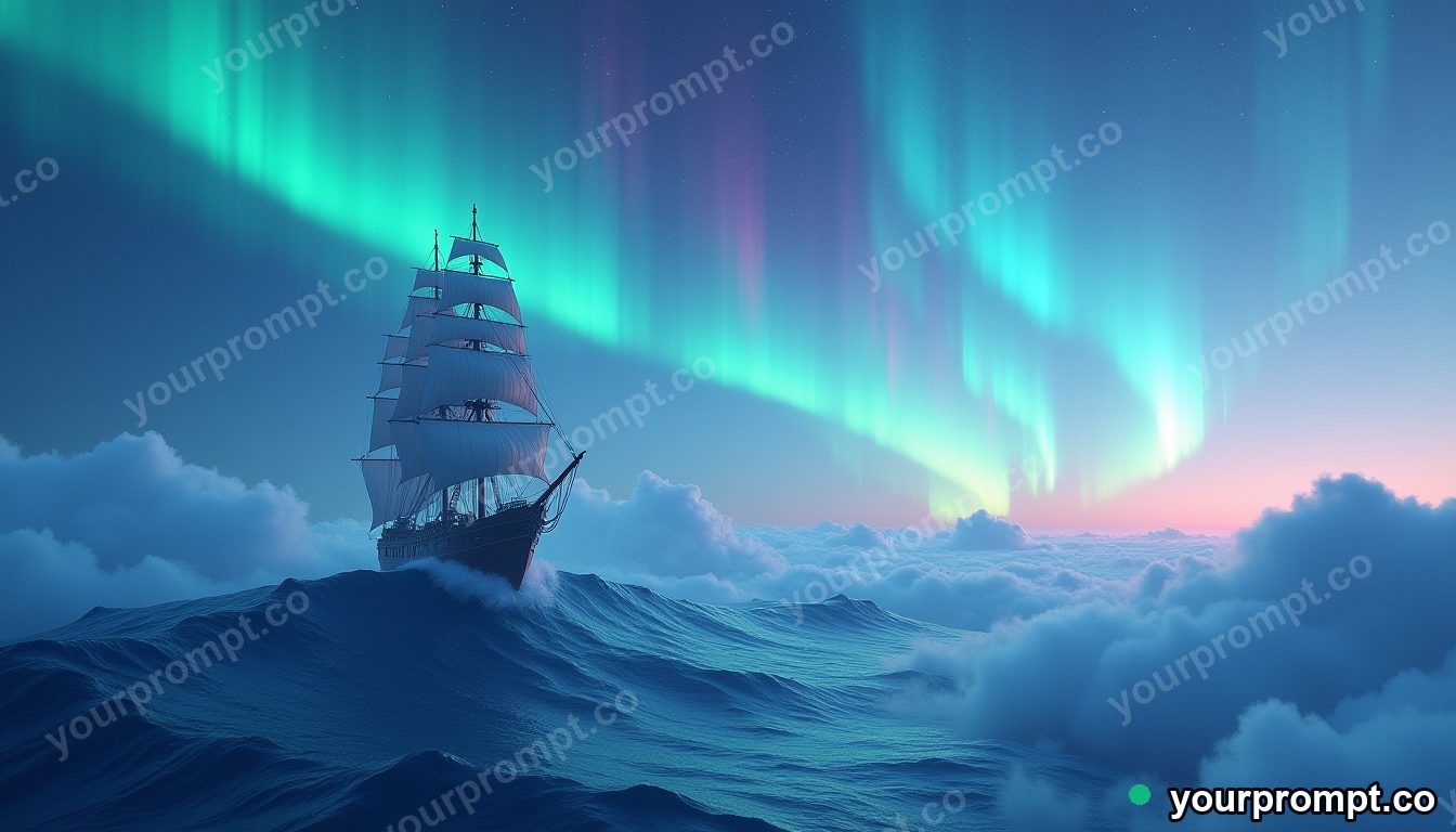 A tall sailing ship cresting a wave on a sea of clouds beneath the aurora in matte concept painting style — AI-generated image from a text prompt