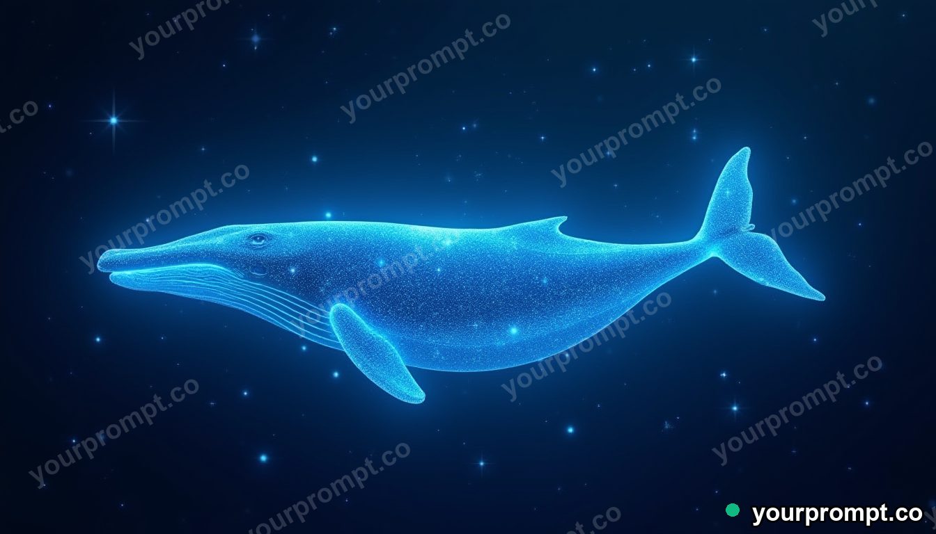 A whale formed of glowing blue data streams swimming through a digital galaxy in epic fantasy concept art style — AI-generated image from a text prompt