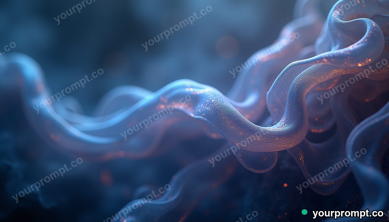 Flowing iridescent silk ribbons weaving into an abstract neural network in extreme macro photograph style — AI-generated image from a text prompt