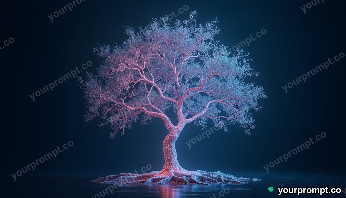 A tree whose branches are luminous flowing data streams on a deep navy background in dreamy pastel style — AI-generated image from a text prompt