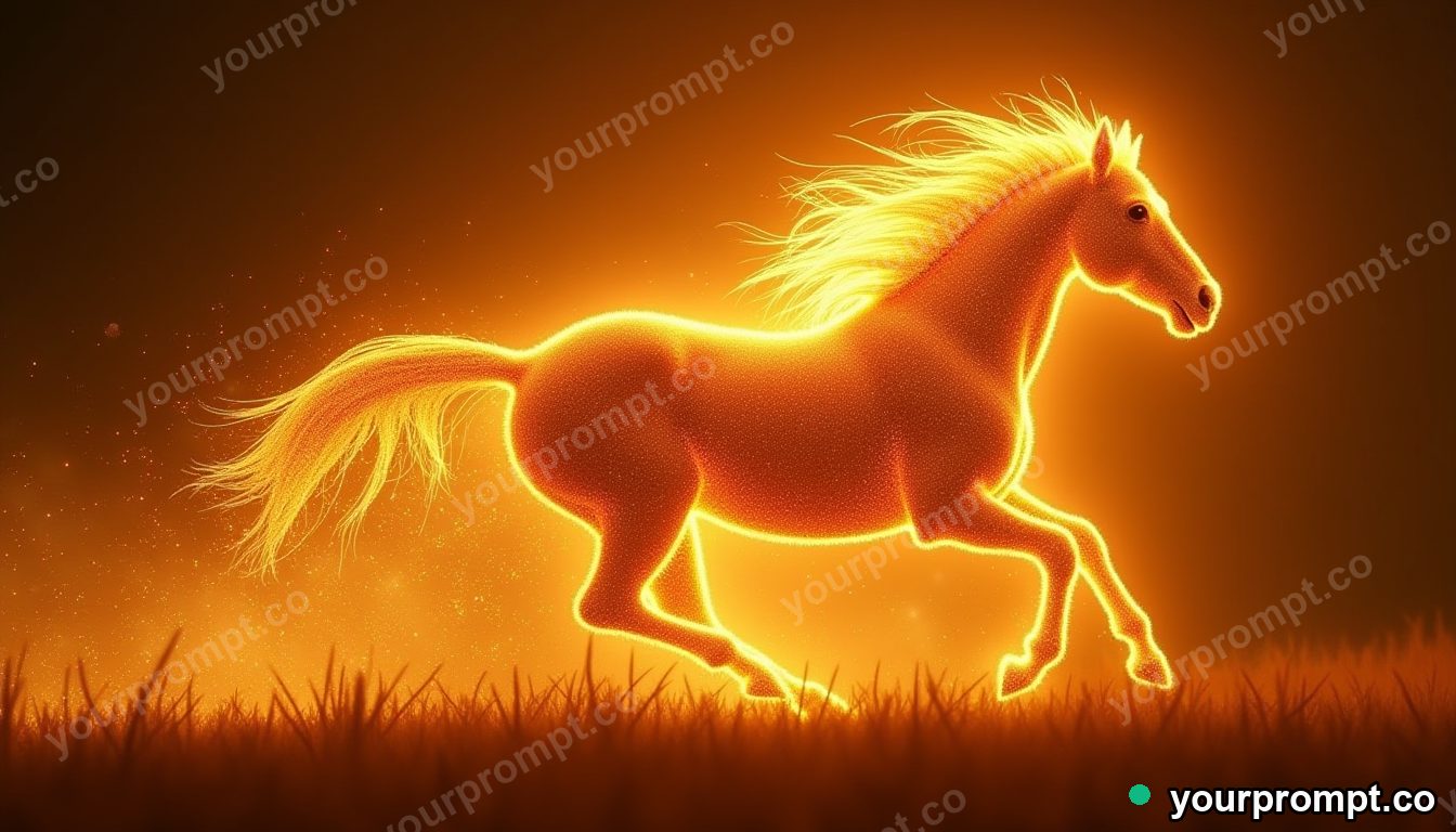 Particles of light coalescing into a galloping horse of pure energy in golden-hour photography style — AI-generated image from a text prompt