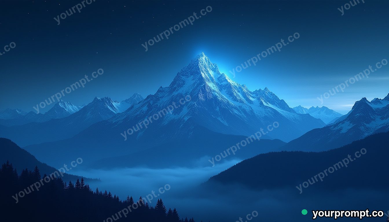 A mountain range rendered as a softly glowing data landscape in ethereal long-exposure style — AI-generated image from a text prompt