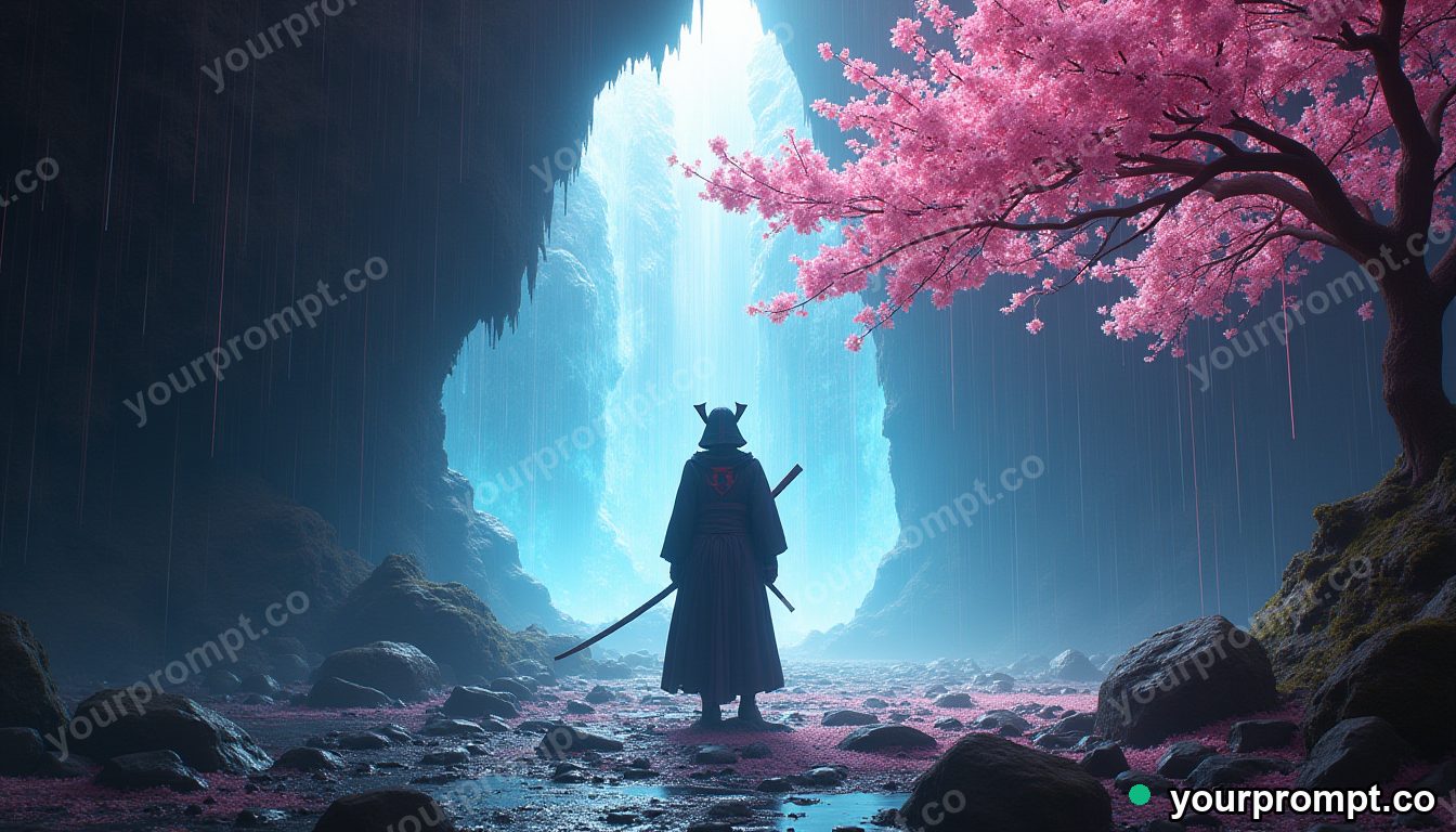 A cyborg samurai standing in a glowing crystal cave under falling cherry blossoms in cinematic film still style — AI-generated image from a text prompt