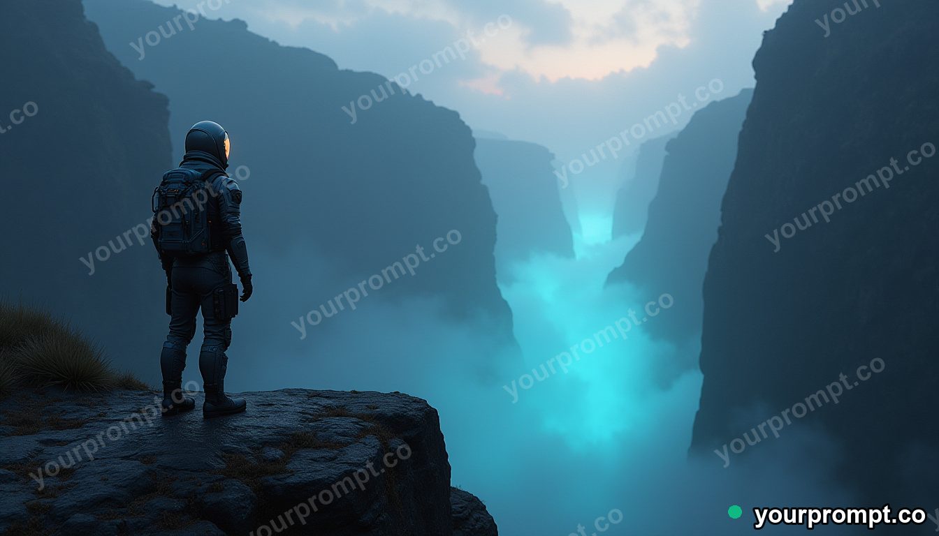 An exosuit explorer overlooking a canyon filled with bioluminescent mist in matte concept painting style — AI-generated image from a text prompt