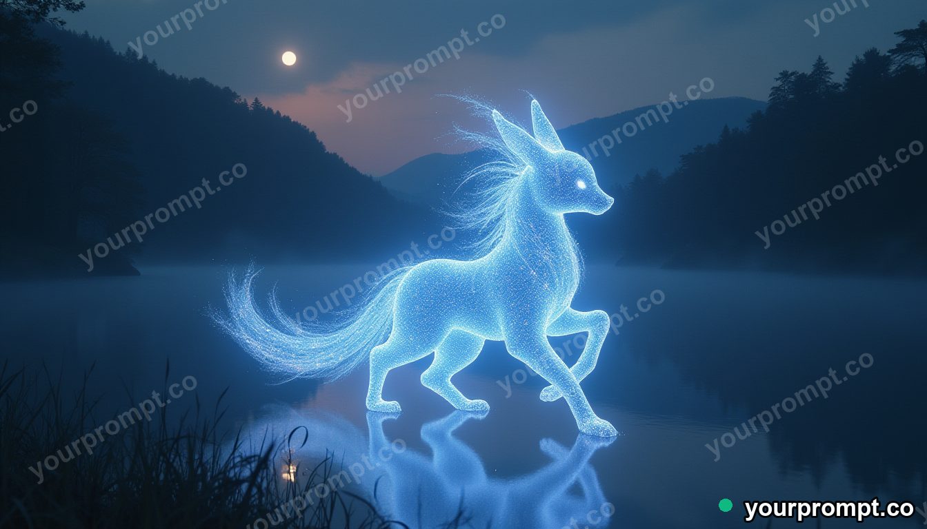 A kitsune spirit made of starlight dancing over a mirror-still lake in epic fantasy concept art style — AI-generated image from a text prompt