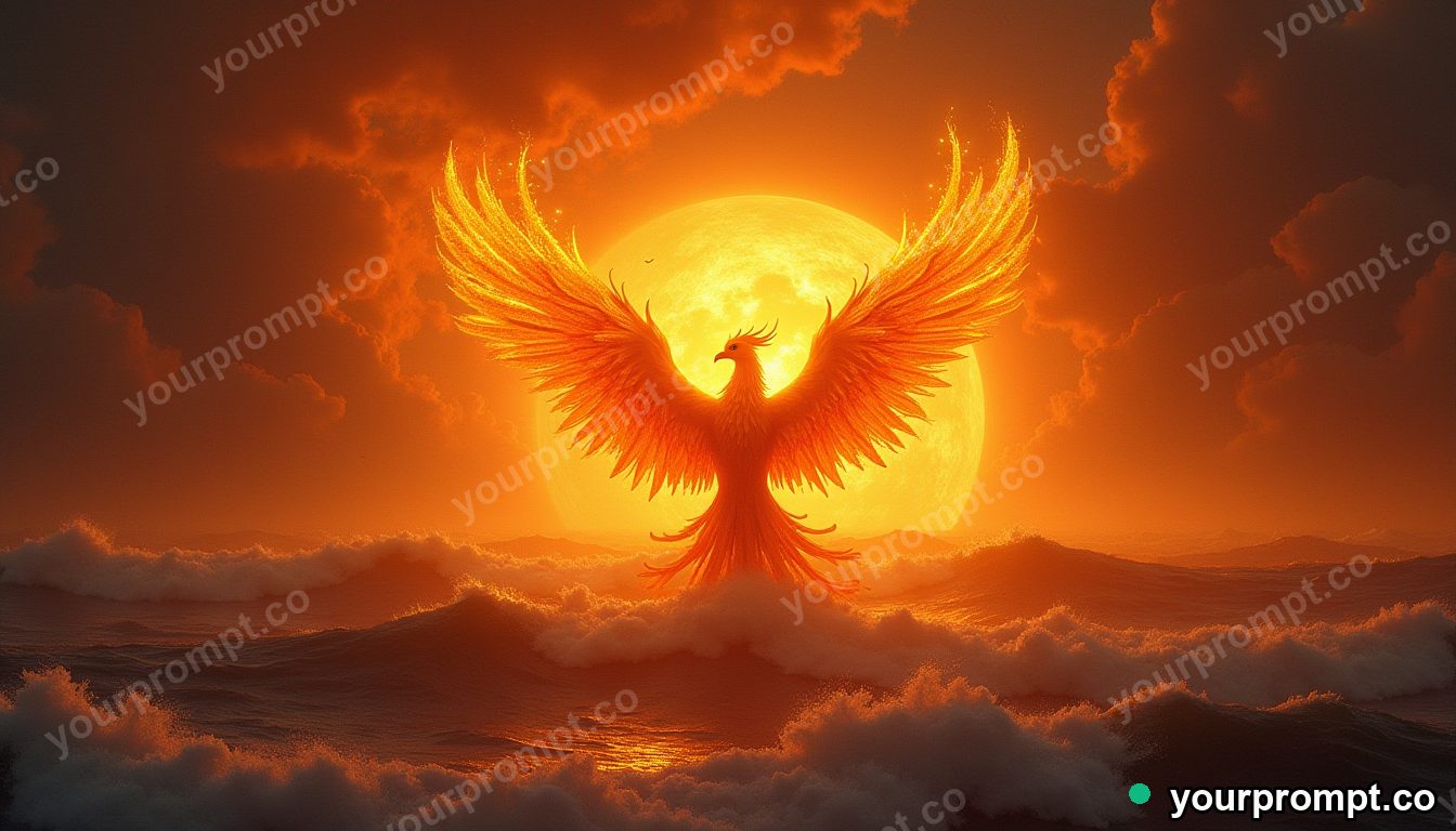 A phoenix of molten gold rising over a stormy ocean at dusk in extreme macro photograph style — AI-generated image from a text prompt
