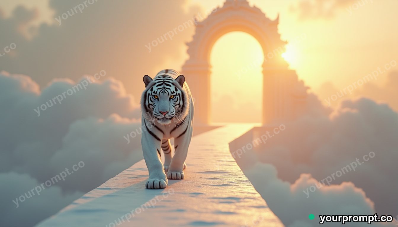 A serene white tiger walking across a bridge of clouds toward a glowing golden gate in hyperrealistic 3D render style — AI-generated image from a text prompt