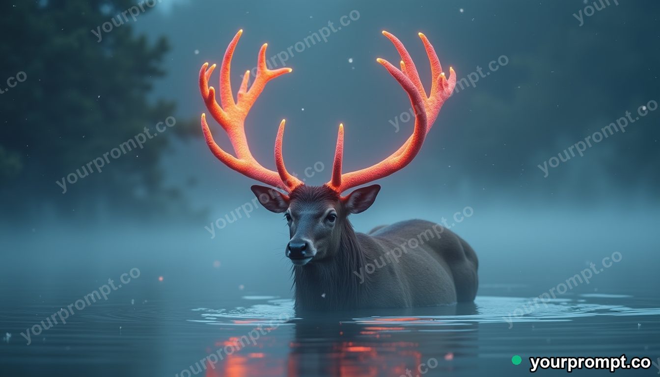 A gentle giant stag with antlers of glowing coral wading in a misty lagoon in dreamy pastel style — AI-generated image from a text prompt