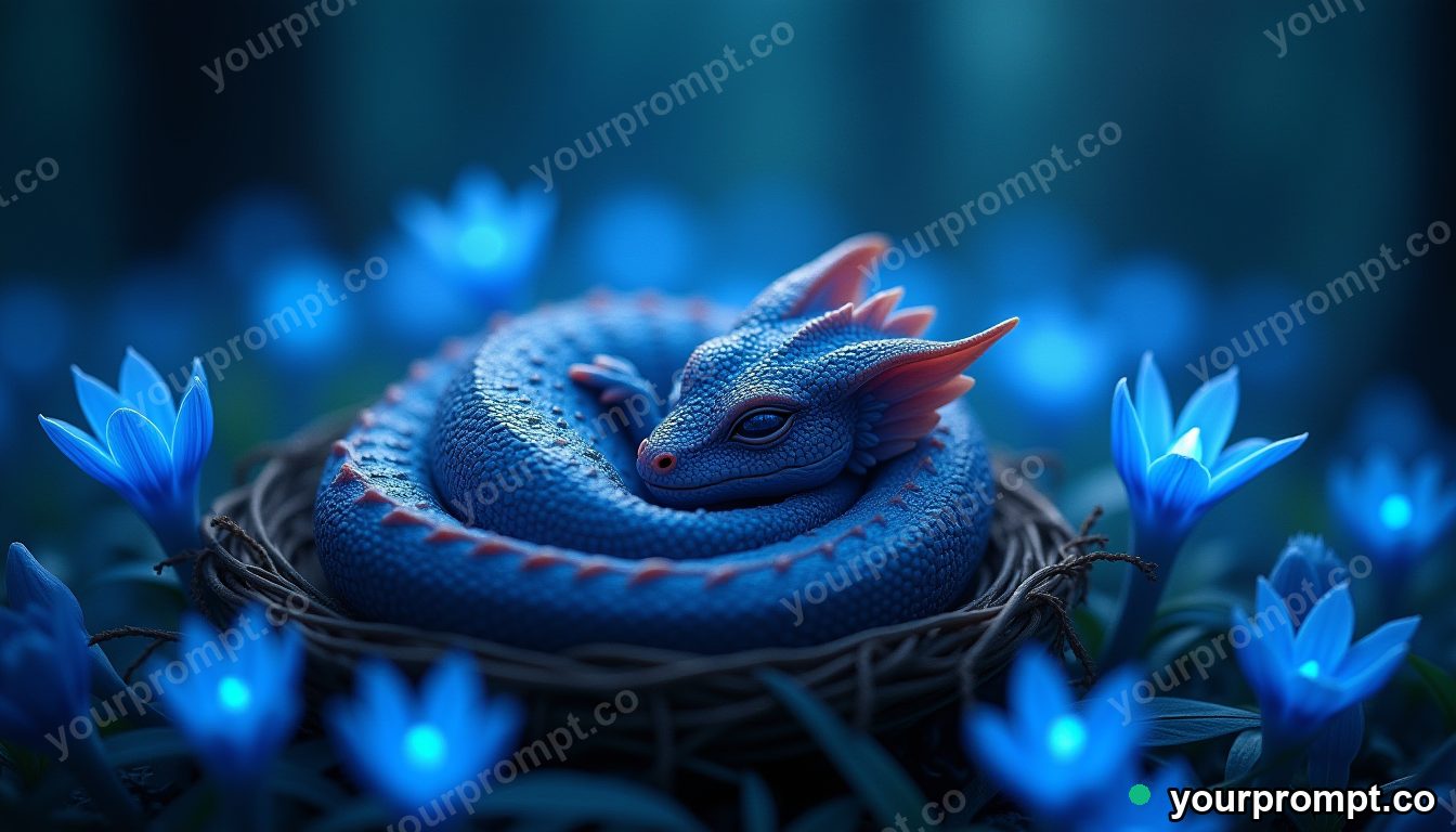 A small sleeping dragon curled in a nest of glowing bluebells in photorealistic style — AI-generated image from a text prompt