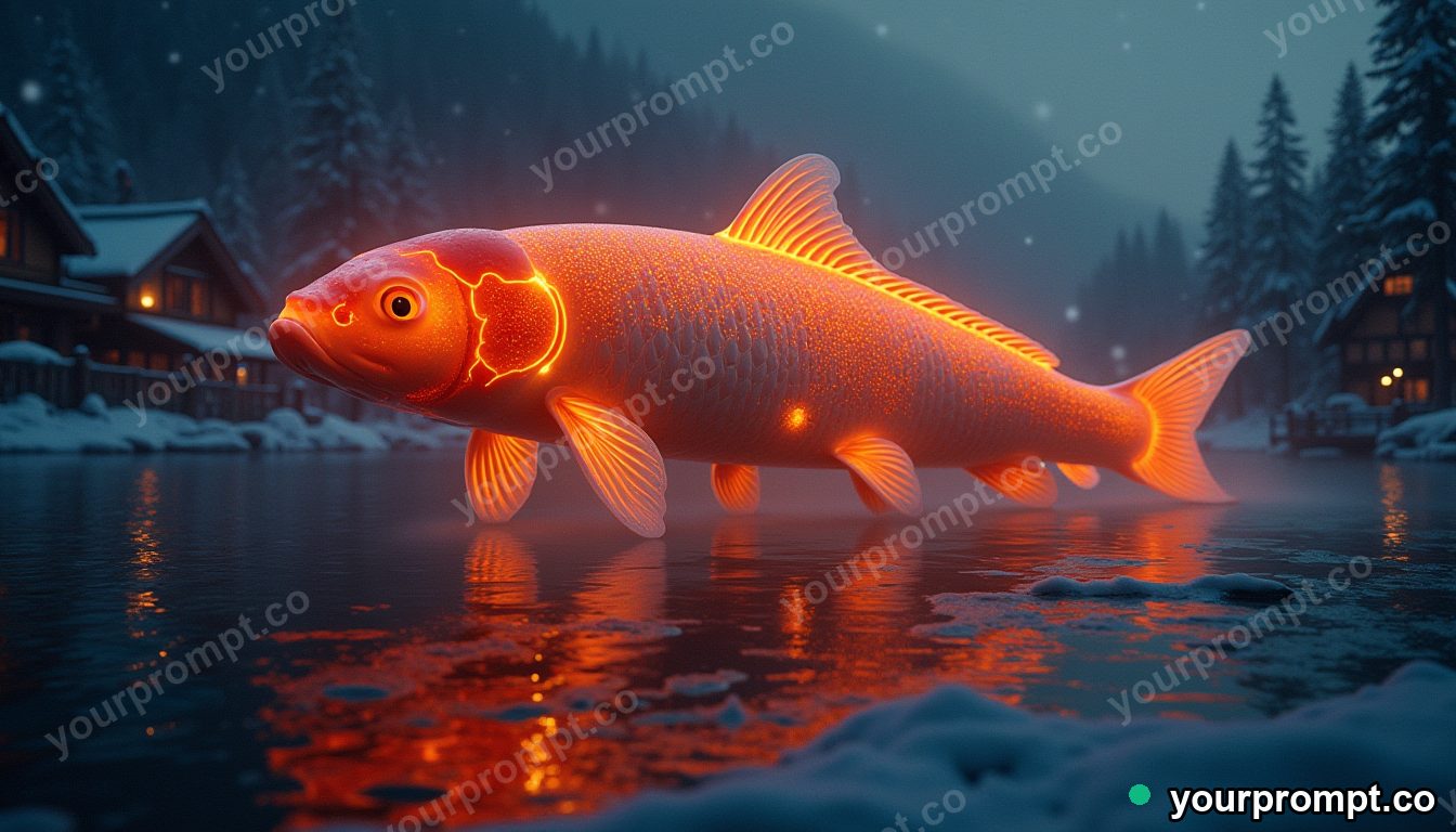A glowing koi the size of an airship drifting over a snowy village at night in golden-hour photography style — AI-generated image from a text prompt
