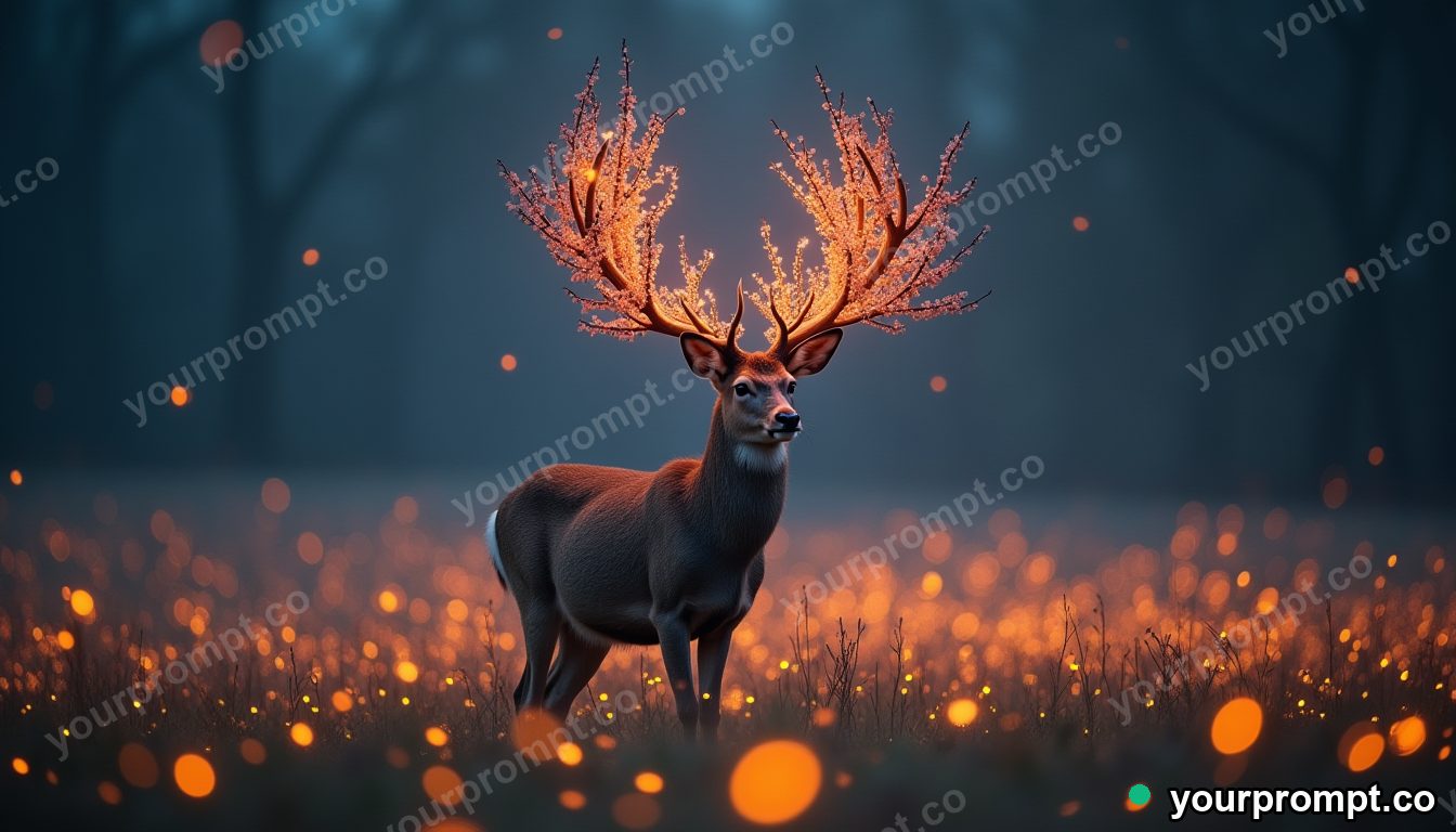A deer with antlers of blooming cherry branches standing in a field of fireflies in ethereal long-exposure style — AI-generated image from a text prompt