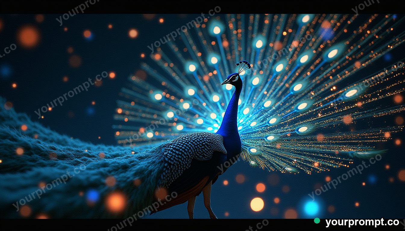 A peacock whose tail unfurls into a galaxy of glowing stars in cinematic film still style — AI-generated image from a text prompt