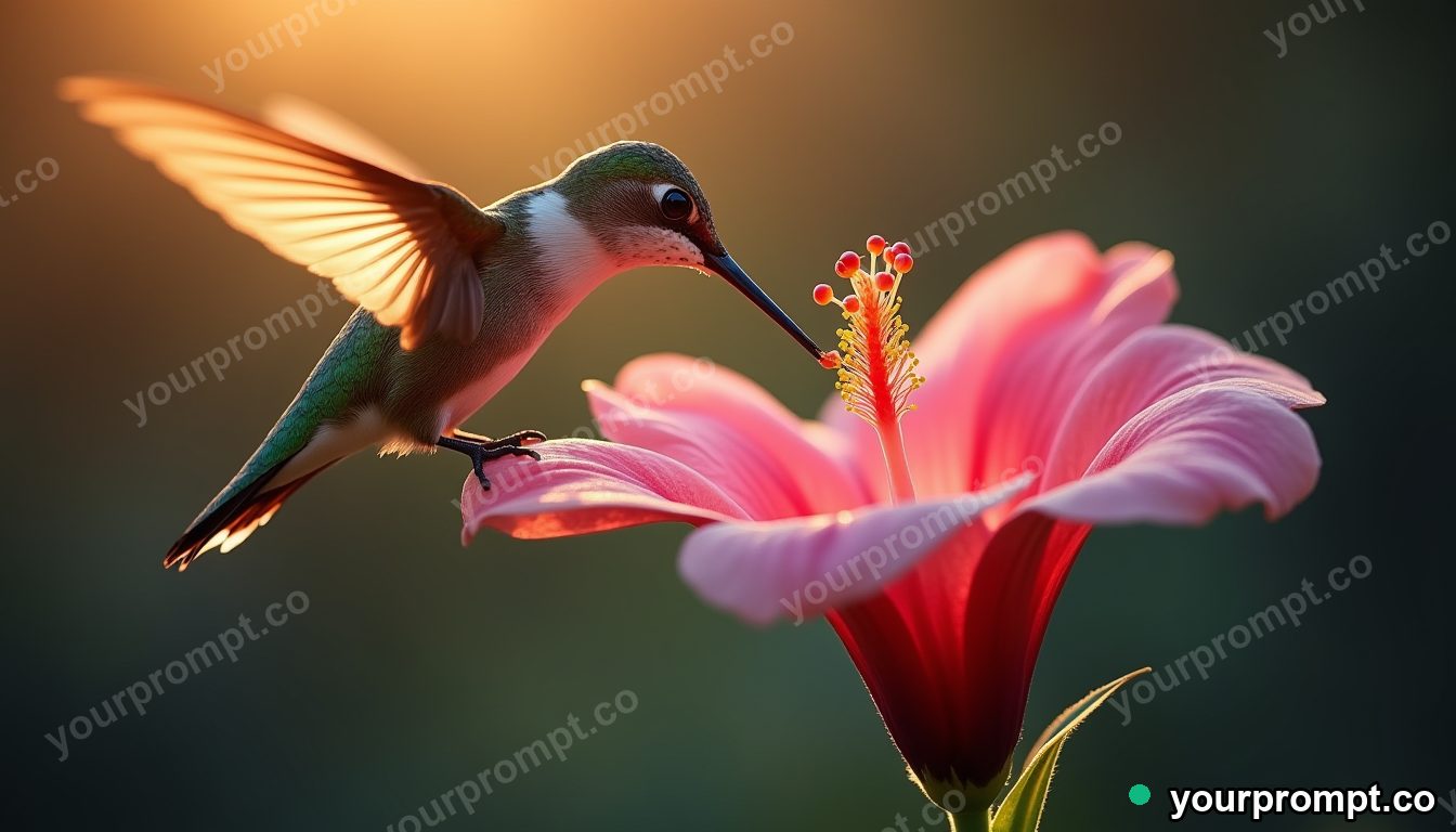 A hummingbird sipping from a flower made of liquid light, extreme macro in extreme macro photograph style — AI-generated image from a text prompt