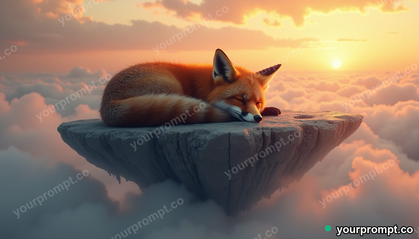 A fox curled asleep on a floating rock among the clouds at golden hour in epic fantasy concept art style — AI-generated image from a text prompt