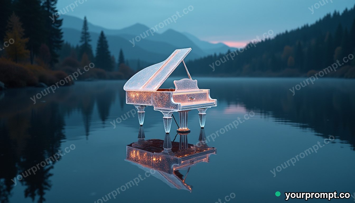 A glass piano sinking slowly into a calm mirror lake at dawn in cinematic film still style — AI-generated image from a text prompt