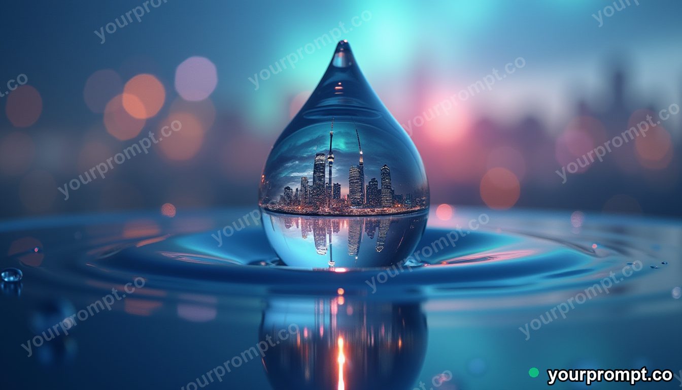 A city skyline reflected upside-down in a single floating water droplet in matte concept painting style — AI-generated image from a text prompt