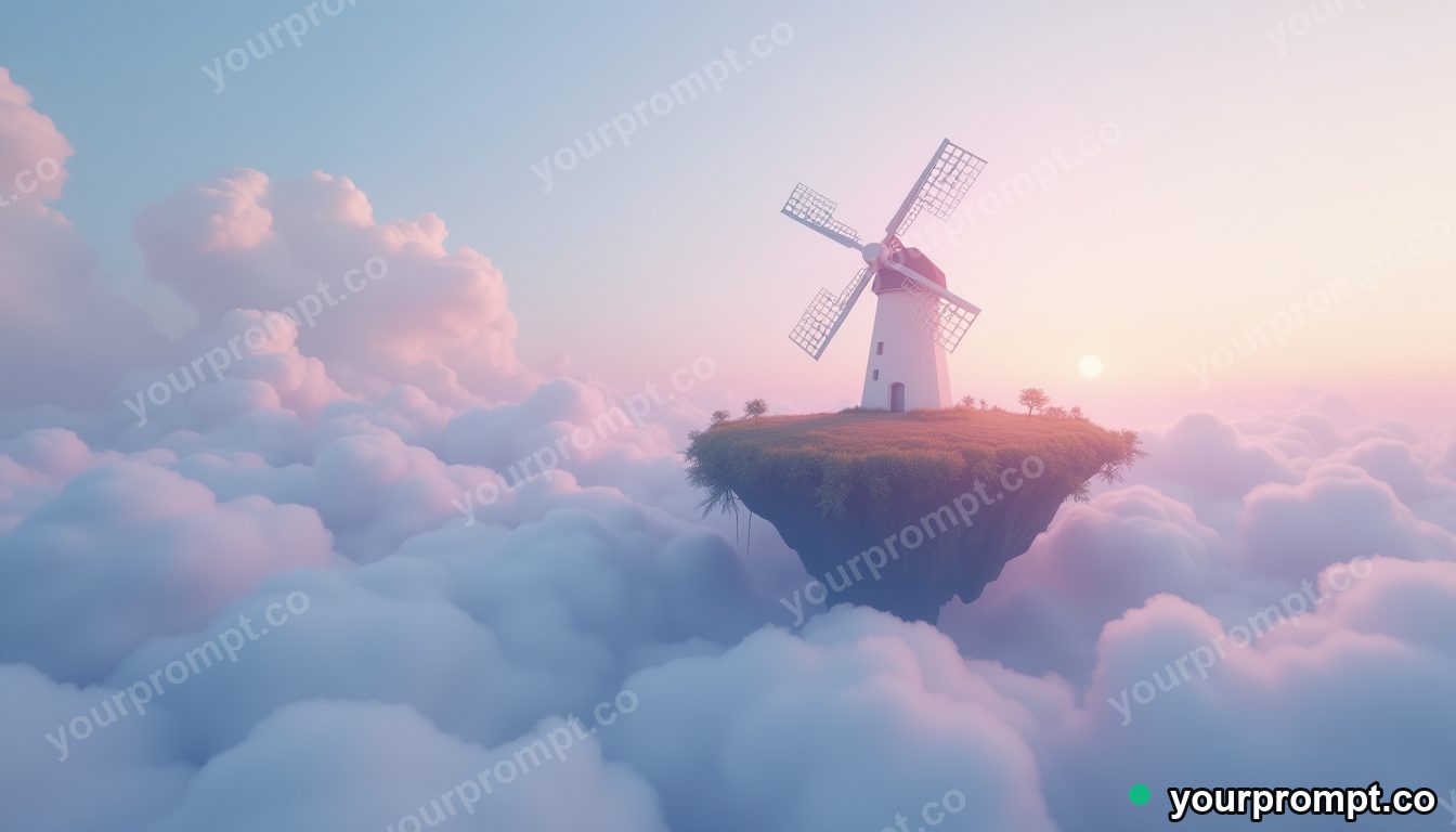 A windmill on a tiny floating island turning above the clouds in dreamy pastel style — AI-generated image from a text prompt