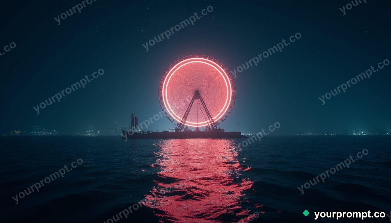 A ferris wheel of glowing rings spinning over a dark sea in cinematic film still style — AI-generated image from a text prompt