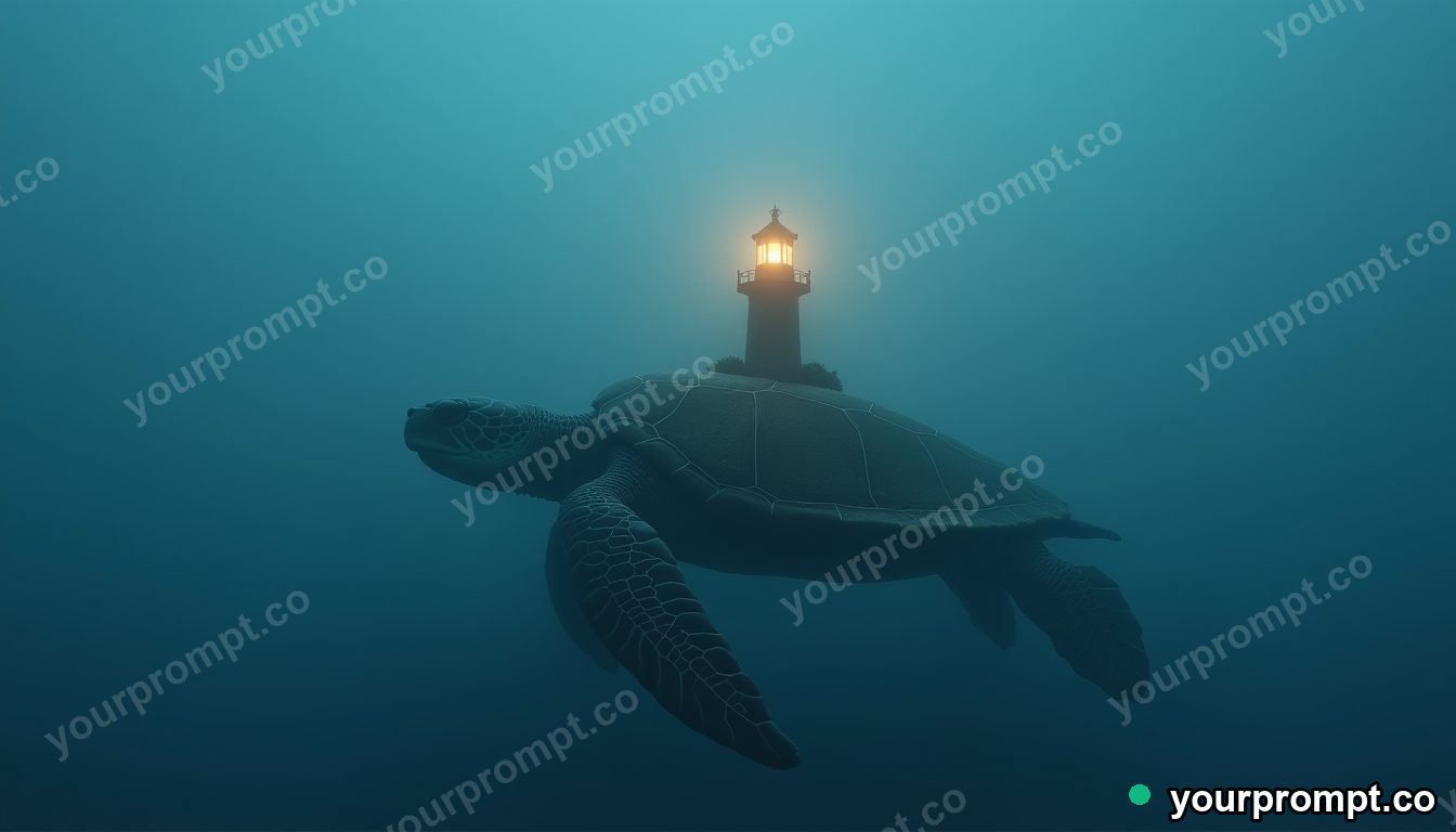 A lighthouse on the back of a sleeping sea turtle in the fog in matte concept painting style — AI-generated image from a text prompt