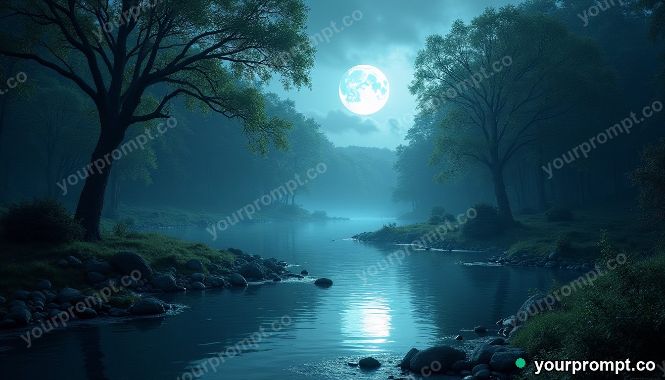 A forest where the rivers flow with liquid moonlight in epic fantasy concept art style — AI-generated image from a text prompt