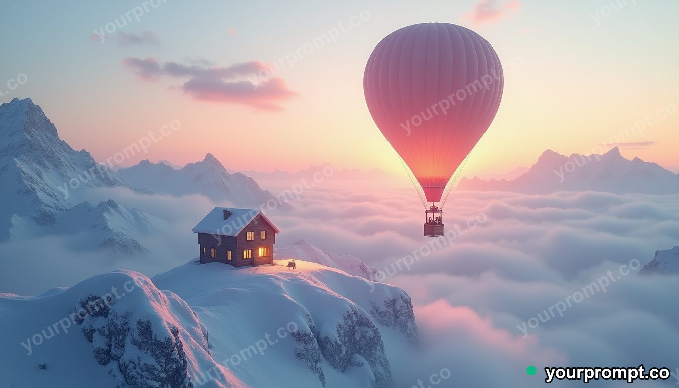 A hot air balloon carrying a tiny glowing house over snowy peaks