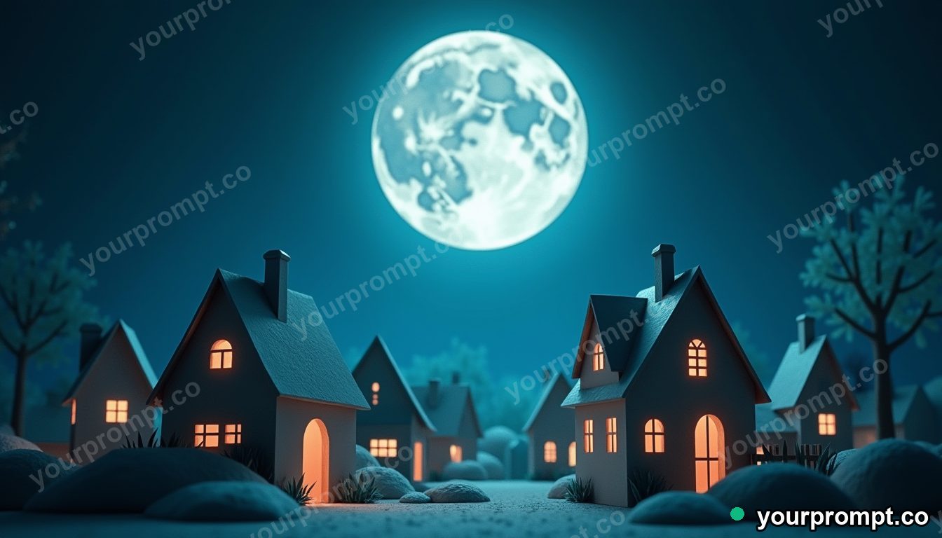 A clockwork moon hanging over a quiet village of paper houses