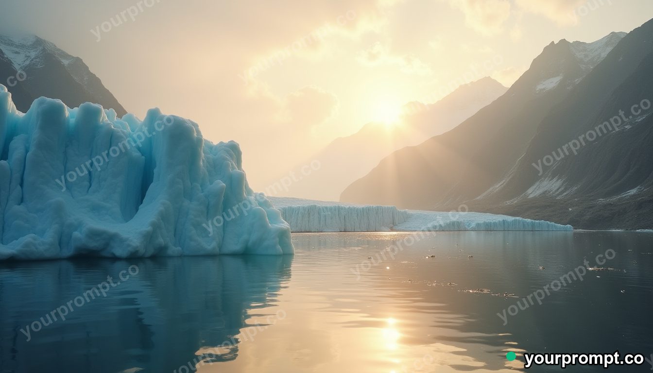 A glacier calving into a mirror-calm fjord at golden hour