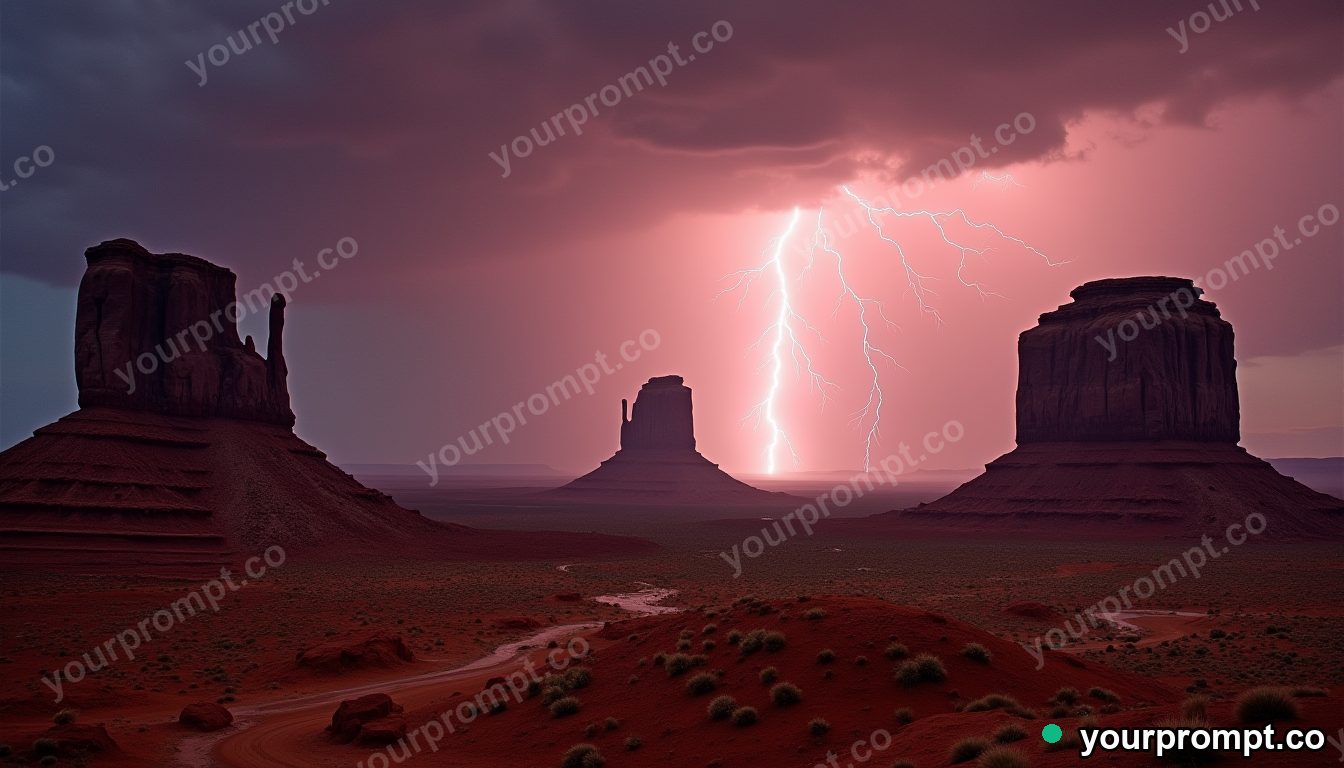 A desert lightning storm over towering red mesas