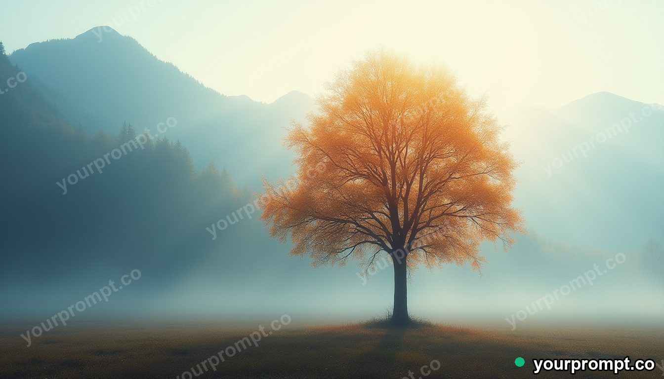 A single tree ablaze with autumn color against a misty mountain