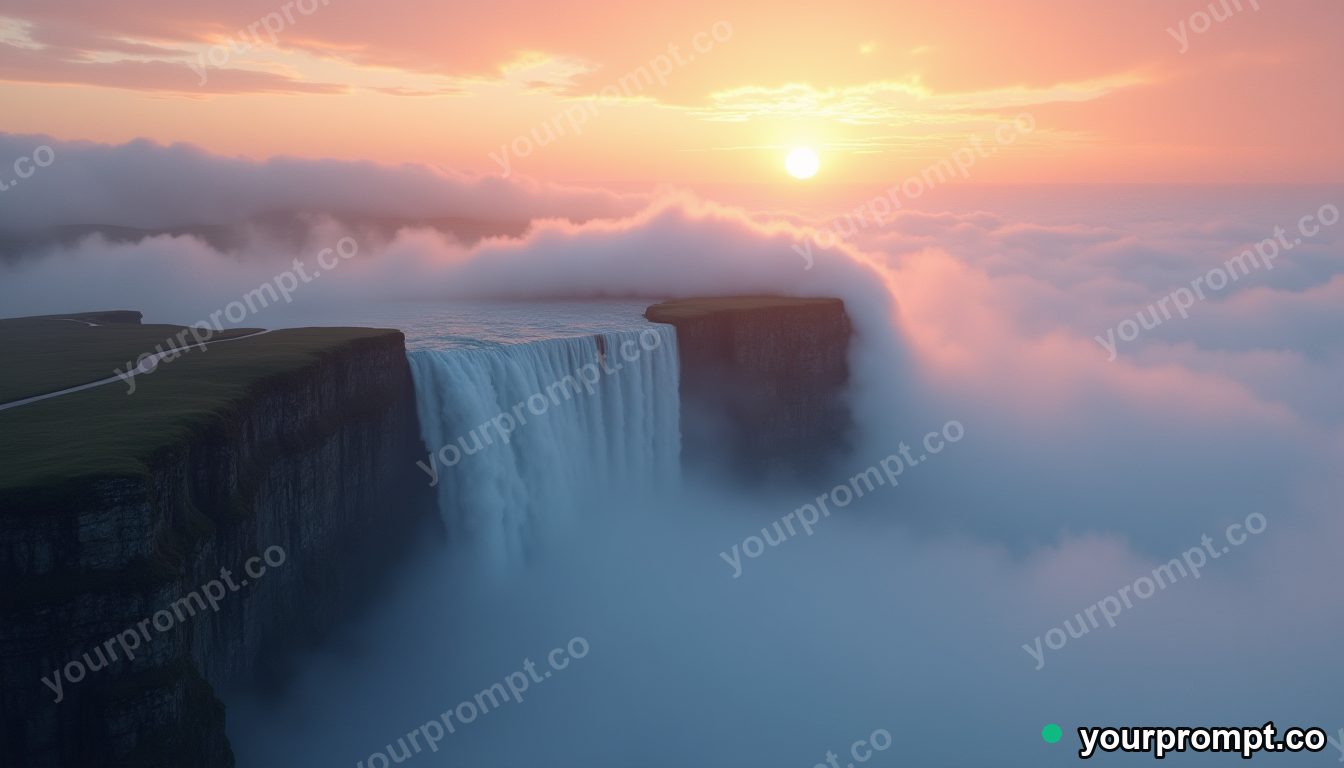 A wave of fog pouring over a coastal cliff at sunrise