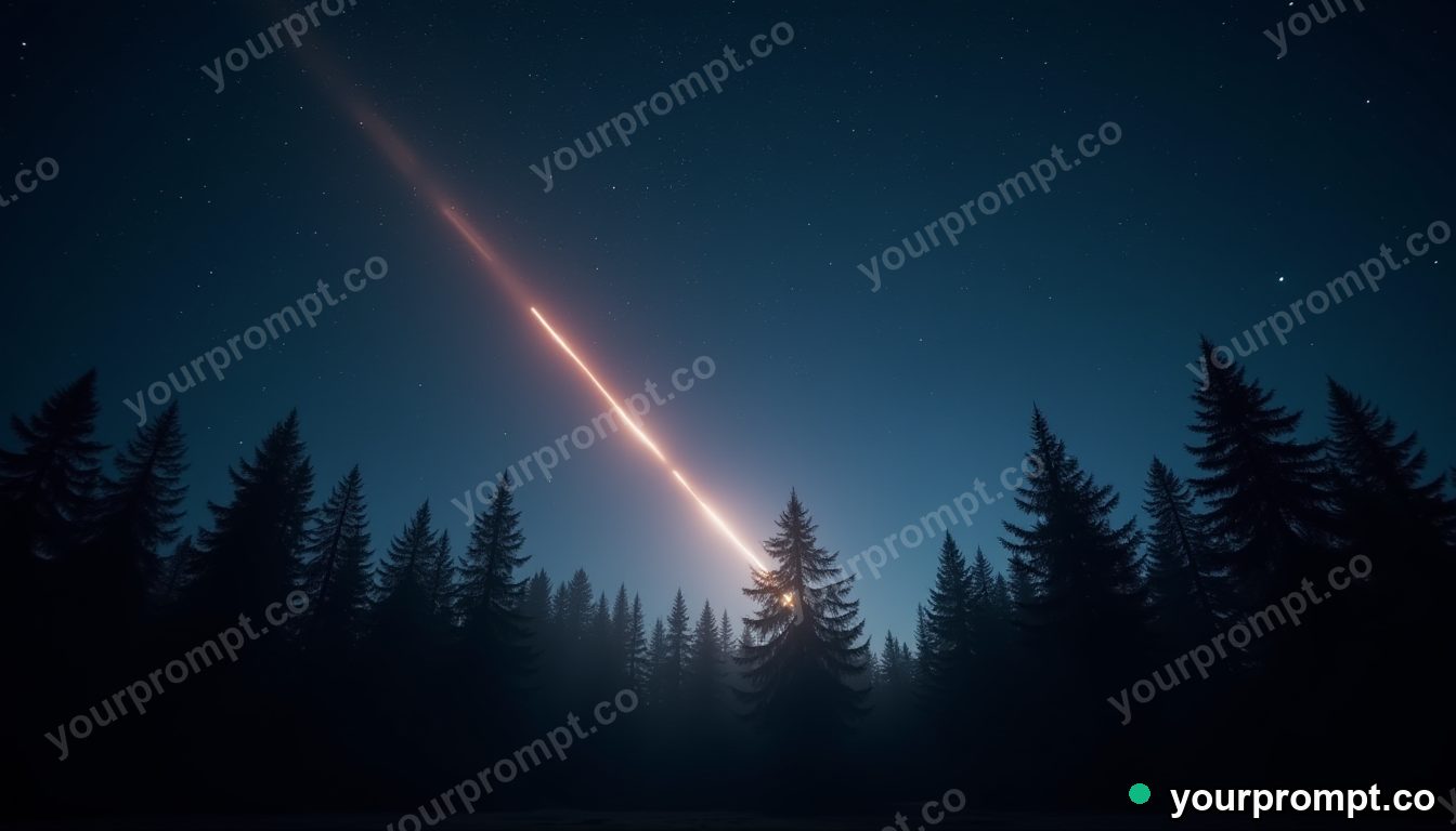 A meteor trail streaking over a silhouetted pine forest