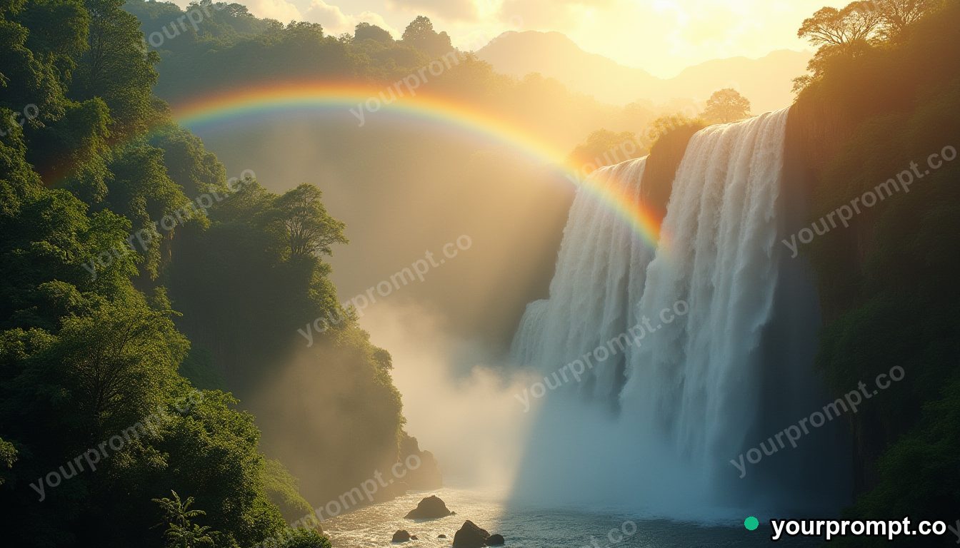 A rainbow arcing over a thundering jungle waterfall