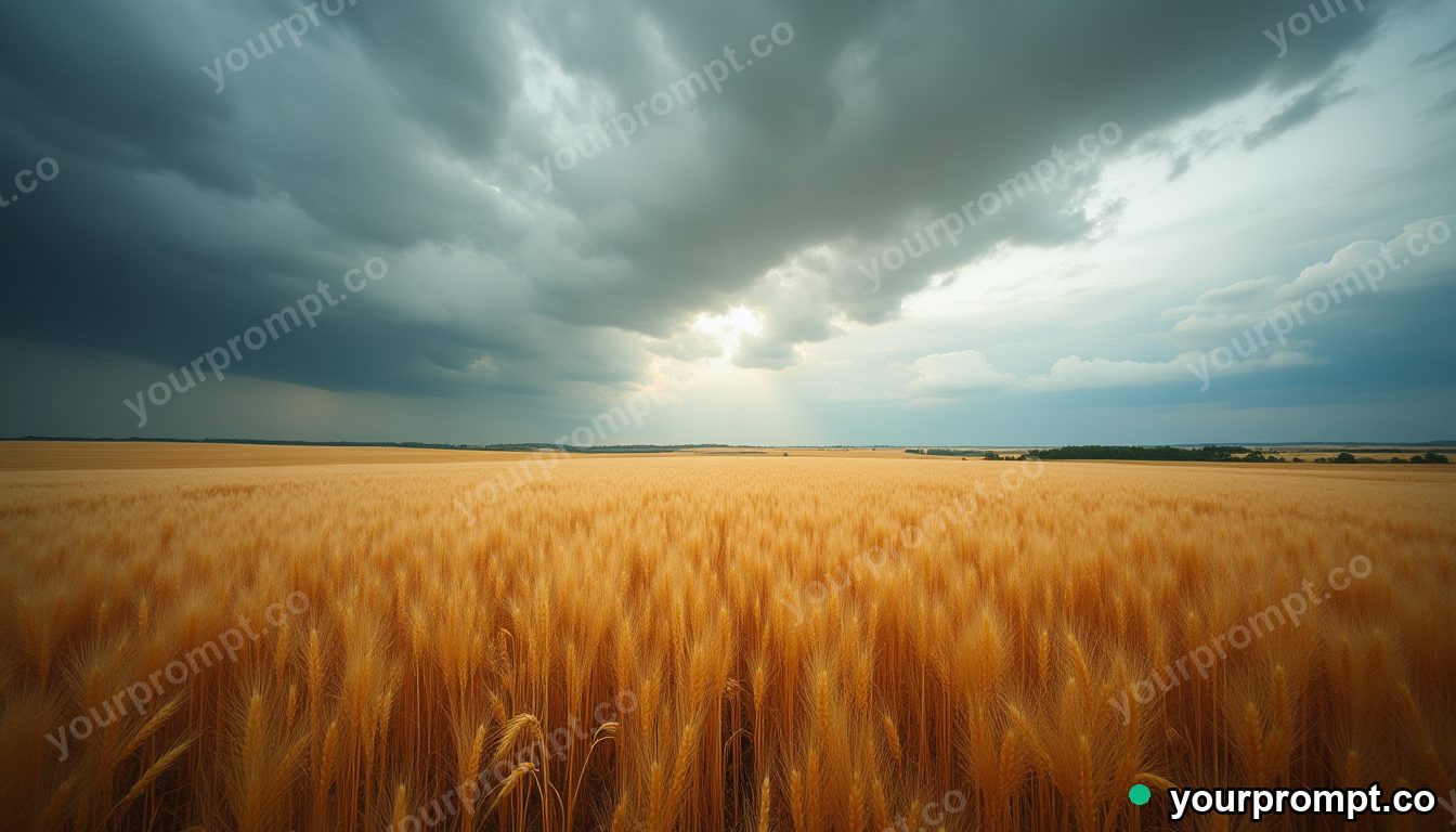 A field of golden wheat under a sky of swirling storm clouds