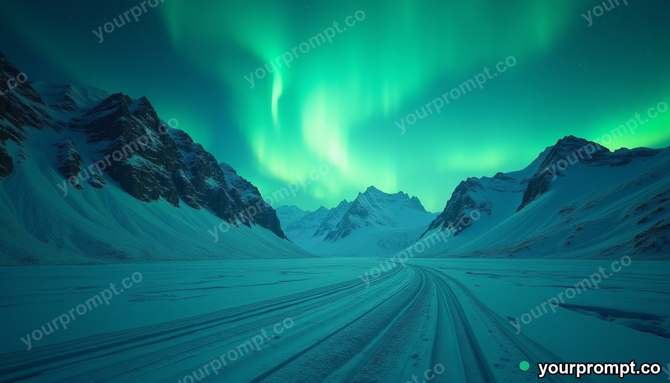 An icy mountain pass glowing under a green aurora
