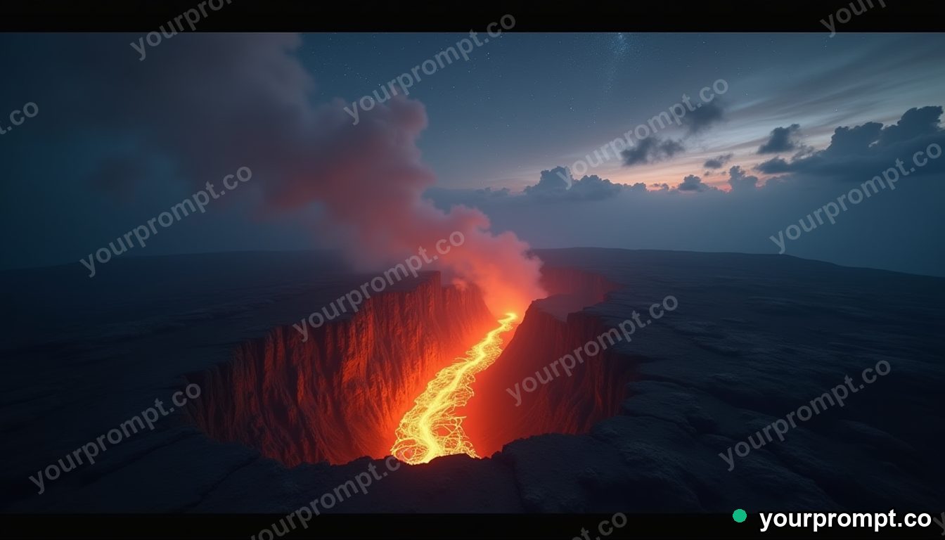 A volcanic fissure glowing beneath a starlit sky in cinematic film still style — AI-generated image from a text prompt